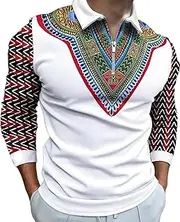 [HongYunAu] Men's African Dashiki Polo Shirt Retro Ethnic 3D Print Lapel Long Sleeve T Shirts