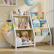 Kids Bookshelf & Toy Organizer, 85cm Wide 3-Tier Montessori Storage System with Book Sling and Toy Storage Organizer (White)