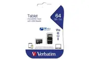Verbatim 64GB U1 Micro SDXC Memory Card File Storage w USB Reader For Tablet