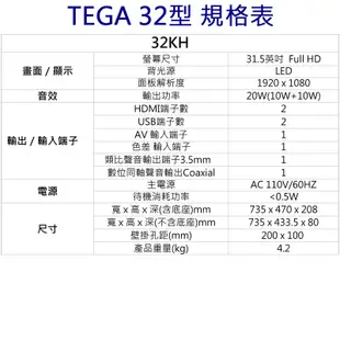 全新 TEGA 32吋 LED液晶電視顯示器, (32KH) 1080p, HDMI x 2 ,USB x 2