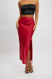 Red Slip Skirt High Waist Front Split Midaxi Satin - Size 10S, Women's Midi Skirt