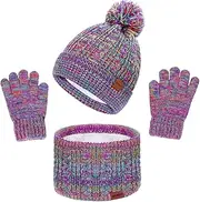 [GoxRunx] 3 Pcs Kids Winter Hat Gloves Scarf Set, Toddler Knitted Beanie Hat Neck Warmer Mittens Fleece Lined Set for Boys and Girls