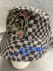 ED HARDY Cap 1 Size Fit Most Reversible Black Panther Gray Blue Bucket HAT Rose