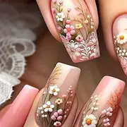ＴＩＺＹＦＦ Press on Nails, Rustic Flower Fake Nails, Artificial Nails for Women and Girls -24 pcs
