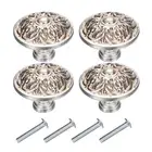 4 Sets Vintage Drawer Knobs with Flower Patterns for Cupboard Silver(1.3" Long)