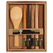 Wooden Bamboo Chopsticks 5 Pairs with Rice Serving Spoon