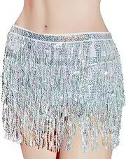 [Vxcbad] Sequin Belly Dance Skirt with Fringe Hip Scarf Accessory for Fancy Dress Party Show Multicolor