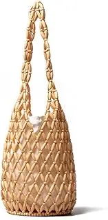 [RomanticDesign] Women Retro Wooden Handbag Woven Bead Tote Bag Hollow Out Beach Casual Bucket Purse