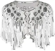 [Grouptap] 1920s silver white gatsby shawl bolero sequin cape shrug wrap for women ladies flapper art deco vintage dress costume (White, One Size)