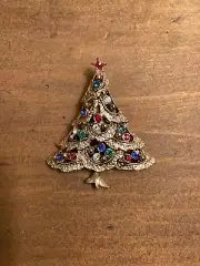 Gold Tone Filigree Christmas Tree Pin with Multi-Colored Stones- Korea with tag