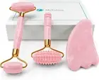 4-In-1 Jade Roller and Gua Sha Set. Rose Quartz Roller with Eye Massager, Jade G