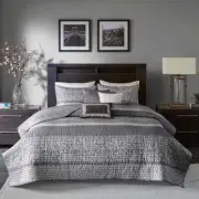 NEW! ~ MODERN CHIC GREY SILVER BROWN GLAM LUXURY GEOMETRIC STRIPE SOFT QUILT SET