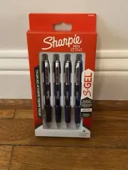 Lot 4 Sharpie S-Gel Gel Pens Metal Navy Blue Barrel Medium Point 0.7mm Black Ink