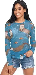 [RPLIFE] Cute Otters Fish Blue Long Sleeve Fishnet Top, Long Sleeve Party Tops S-XXL
