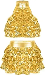 [Riismen] Kids Girls 2 Piece Dance Outfits Shiny Sequins Crop Top with Skirts Jazz Latin Ballroom Dance Costume