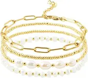 [Pymach] Dainty Gold Pearl Crystal Beaded Bracelets Set for Women 14K Real Gold Plated Bead Pearl Crystal Beads Bracelet Stake Paperclip Link Chain Bracelets Gold Bracelets for Women Trendy Jewelry