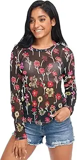 [ODAWA] Floral Flowers Black Long Sleeve Sheer Blouse Mesh Crop Tops Soft Silky Tee Top for Women