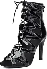 [GYUBL] Women's Ballroom Dance Boots Lace-up Open Toe Professional Latin Salsa Performance Dancing Boots,Model K600-Rubber Sole-3.74”Heel