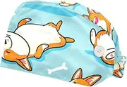 [WOSHJIUK] Working Hat 2 Pack Scrub Caps for Women,Kawaii Corgis Dog Bones,Tie Back Cap Adjustable Scrub Hat