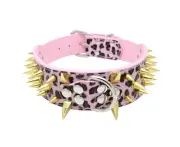 Dog Leather Collar Gold Colour Spiked Adjustable Pink Leopard Pattern Collar M L