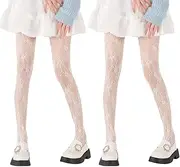 [Cunegra] 2 Pairs Lolita White Lace & Floral Patterned Tights for Women, Hollow Out Floral Lace Pantyhose, Ladies Fashion Sexy See-through Mesh Net Tights Thigh Carved Patterned Stockings, White, One