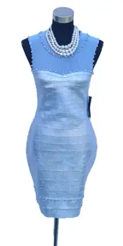 Venus Laci Sheath Dress S Blue Gold Evening Wedding MOB Mesh Beaded Pearls NEW