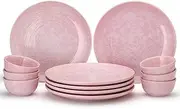Bodhi House Handcrafted Reactive Glaze Stoneware Ceramic Dinner Set, 12 Pieces Dish Set Serving for 6, Microwave and Dishwasher Safe, Bone-ash Free, Crockery Set for Dining and Gifting, Pastel Pink