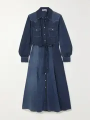 [Chloé] Chloé - Belted Patchwork Cotton And Linen-blend Denim Midi Dress - Blue - FR 34 FR 34 Blue