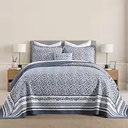 CozyStitch Floral Bedspread 128"x120" California King Bedspread, 100% Cotton XL Oversized King Quilt with 2 Pillowshams, Lightweight Botanical Quilted Bedspreads Coverlet Set, Blue/White, 3 Pcs