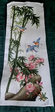 Finished Unframed Cross Stitch Picture Table Runner Spring Blossom Birds Gift