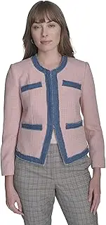 [Tommy Hilfiger] Women's Collarless Denim Drimmed Open Front Jacket