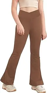 [Esobo] Girl's Leggings Cross High Waisted Flare Pants Yoga Bootcut Pants Solid Color Full Length Bell Bottoms