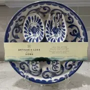 3pc Set BLUE ROSE SCROLL Serving Salad Bowl & Utensils Artisan De Luxe MELAMINE