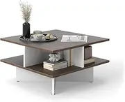 [Giantex] 2-Tier Square Coffee Table, Living Room Center Table with 4 Storage Compartments, Modern Farmhouse Accent Table with Cross-Shape Base, Rustic Brown and White