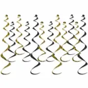 Black Gold Twirly Whirly Hanging Party Decoration 12 Pack 8-13.5" and 4-25" Foil