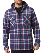 Men's Hooded Blue, Red & White Flannel Jacket Flannelette Plaid Fleece Shirt Winter Coat