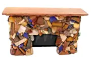 Beautiful Handmade Wood & Gemstone Encrusted Fireplace Miniature For Dollhouse