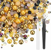 uxcell 50g Flatback Rhinestones, 3mm-10mm Mixed Rhinestones and Half Pearls with Pick Up Pen and Tweezer for Nail Art Crafts, Phone Case, Clothes DIY (Colorful Gold)