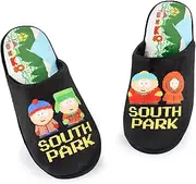 [South Park] Mens Slippers | Adults Slip-On Mules in Black with Cartman, Kenny, Stan & Kyle Pixel Text Print | All Over Footbed Print House Shoes | Comedy Cartoon Indoor Bedroom Loungewear Gift