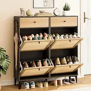 [Jocoevol] Rattan Shoe Cabinet Storage for Entryway, Narrow Wood Shoe Cabinet with 4 Flip Drawers & 2 Drawers, Freestanding Hidden Shoe Organizer with Metal Legs, Black