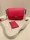 Michael Kors MK Bradshaw Medium Leather Purse Bag Messenger + Flat Wallet -pink