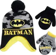 DC Comics Boys Batman Winter Hat 2 Pair Glove or Mittens Set, Toddler/Little Boy