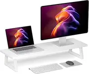 TEAMIX White Dual Monitor Riser, 31.5 inch Long Monitor Stand Riser Wide TV Stand Riser White Monitor Stand for 2 Monitors Wood & Steel Desktop Riser for Dual Screen Office Desk Organization
