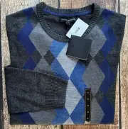 TRICOTS ST RAPHAEL ARGYLE CREWNECK SWEATER GRAY BLUE MENS XL NEW WITH TAGS