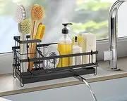 IPOW Sponge Holder for Kitchen Sink, Organizer with Self Draining Tray, Sink Caddy with Brush Holder and Dish Cloth Hanger, 24.5x9x12.5 cm, Stainless Steel Organiser for Bathroom