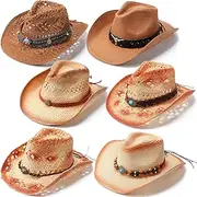 [JaGely] 6 Pcs Men's Women's Straw Cowboy Hat Adjustable Western Cowgirl Classic Retro Woven Cowboy Hat with Wide Brim