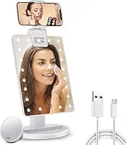 Lighted Makeup Vanity Mirror with Phone Holder and 10X Magnifying Mirror, 21 LED Lighted Mirror with Touch Sensor Dimming, 180°Adjustable Rotation, Dual Power Supply, Portable Cosmetic Mirror