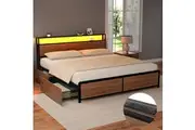 Artiss Metal Bed Frame King Size with 2-Tier Storage Headboard Metal Platform with 4 Storage Drawers Built in Charging Station & LED Noise-Free/Metal Support/No Box Spring Needed Vintage Brown