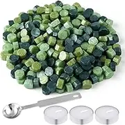 300 Pcs Octagon Sealing Wax Beads with 3 Pcs Tea Candles and 1 Pcs Wax Melting Spoon for Wax Stamp Sealing (Green Mix)