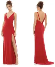 Ieena For Mac Duggal Plunge Neck High Slit Gown Dress- Red size 6
